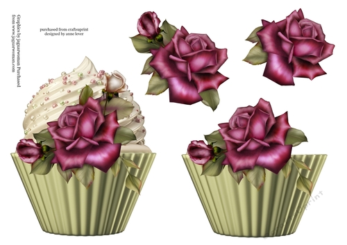 Floral cupcake Decoupage Sheet - Antique Roses