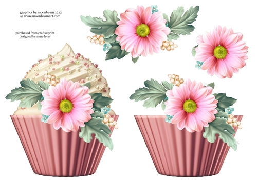 Floral cupcake Decoupage Sheet - Beautiful Pink Blooms