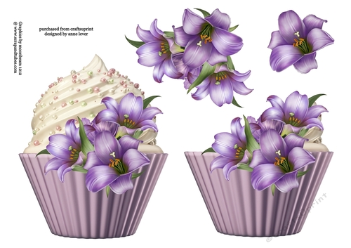 Floral cupcake Decoupage Sheet - Purple Lilies