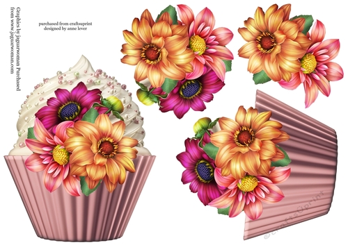 Floral Cupcake Decoupage Sheet - Dahlia