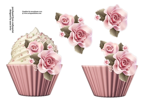 Floral Cupcake Decoupage Sheet - Pink icing rose