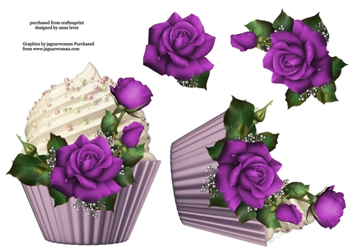 Floral Cupcake Decoupage Sheet - Purple Roses