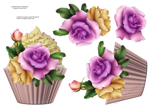 Floral Cupcake Decoupage Sheet - Yellow & Lilac Rose