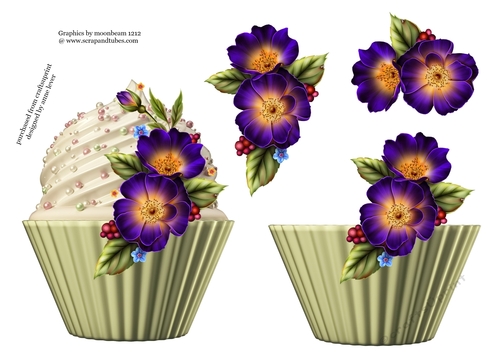 Floral Cupcake Decoupage Sheet - Purple Wild Roses