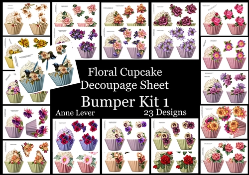 Floral Cupcake Decoupage Sheet Bumper Kit 1 (23 designs)