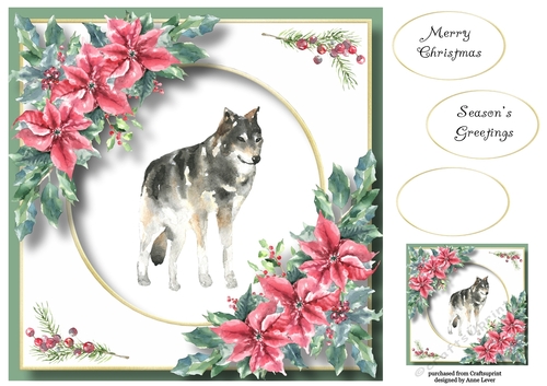 Beautiful Watercolour Wolf At Christmas 8x8