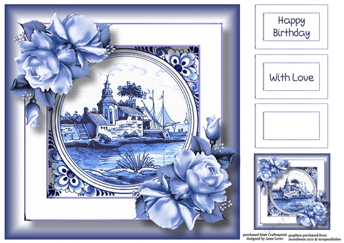Delft Blue Tile & Roses 4 8x8