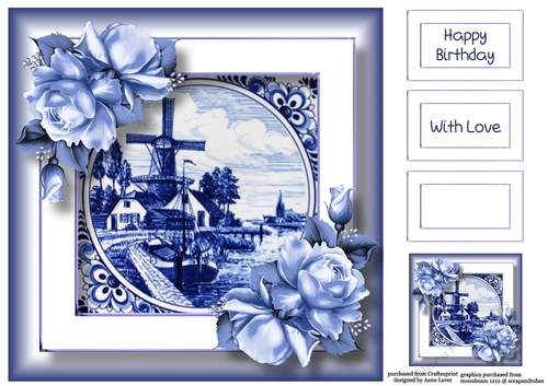 Delft Blue Tile & Roses 3 8x8