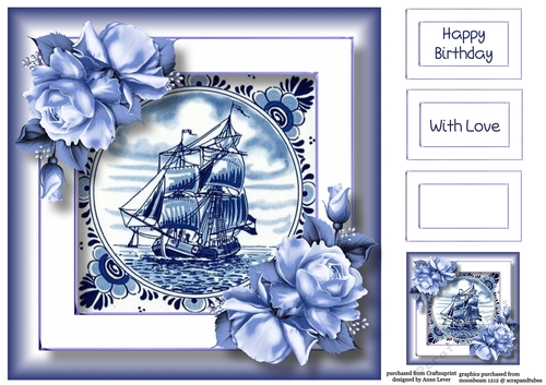 Delft Blue Tile & Roses 2 8x8