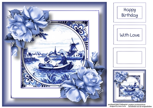 Delft Blue Tile & Roses 1 8x8