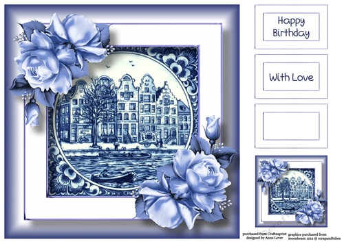 Delft Blue Tile & Roses 8 8x8