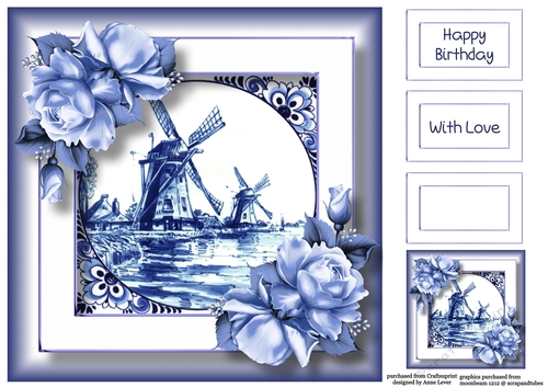 Delft Blue Tile & Roses 6 8x8