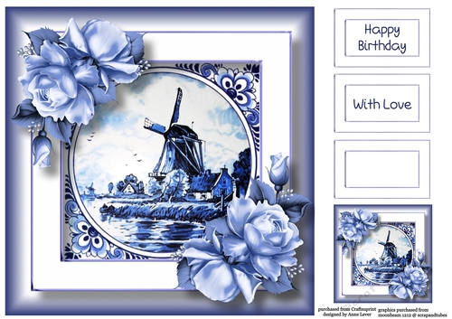 Delft Blue Tile & Roses 5 8x8
