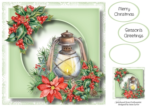 Watercolour Christmas Lamp & Holly 8x8