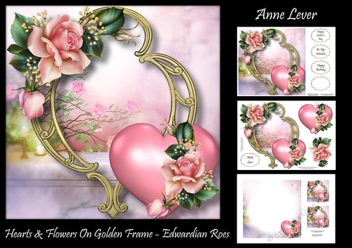 Hearts & Flowers On Golden Frame - Edwardian Roses