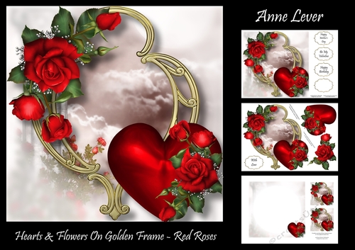 Hearts & Flowers On Golden Frame - Red Roses