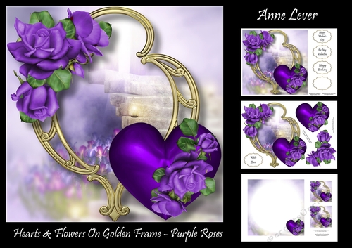 Hearts & Flowers On Golden Frame - Purple Roses