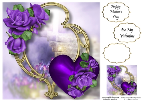 Hearts & Flowers On Golden Frame - Purple Roses 8x8