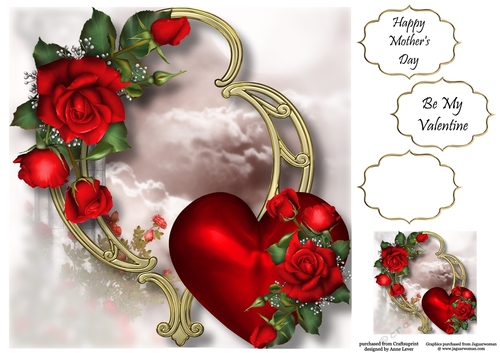 Hearts & Flowers On Golden Frame - Red Roses 8x8