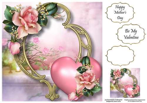 Hearts & Flowers On Golden Frame - Edwardian Roses 8x8