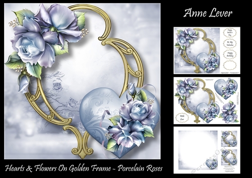 Hearts & Flowers On Golden Frame - Porcelain Roses