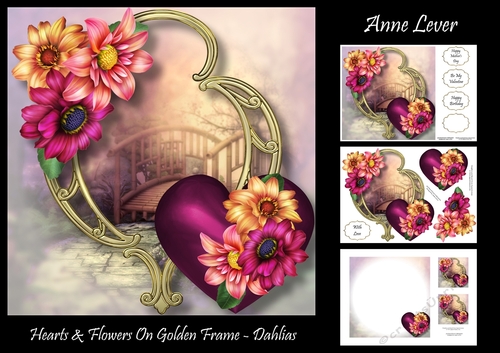 Hearts & Flowers On Golden Frame - Dahlias