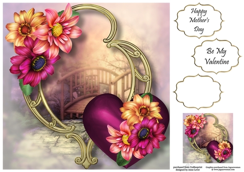 Hearts & Flowers On Golden Frame - Dahlias 8x8