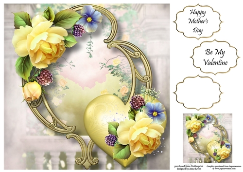 Hearts & Flowers On Golden Frame - Yellow Roses 8x8