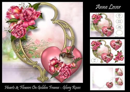 Hearts & Flowers On Golden Frame - Glory Roses