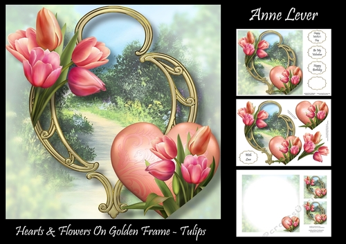 Hearts & Flowers On Golden Frame - Tulips