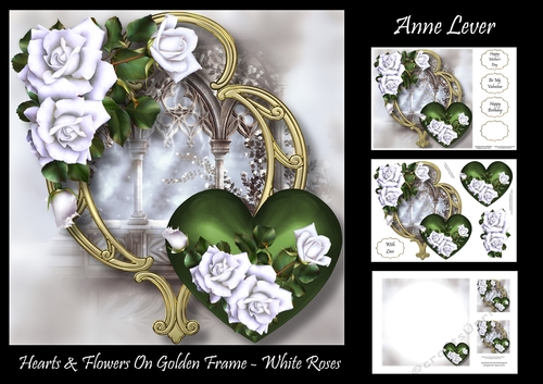 Hearts & Flowers On Golden Frame - White Roses