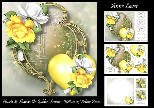 Hearts & Flowers On Golden Frame - Yellow & White Roses