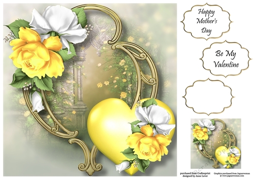 Hearts & Flowers On Golden Frame - Yellow & White Roses 8x8