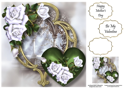 Hearts & Flowers On Golden Frame - White Roses 8x8