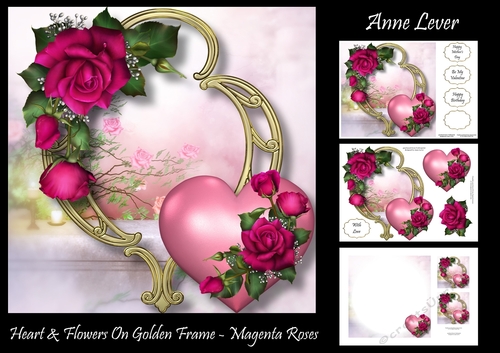Hearts & Flowers On Golden Frame - Magenta Roses