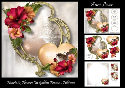 Hearts & Flowers On Golden Frame - Hibiscus