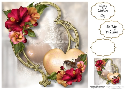 Hearts & Flowers On Golden Frame - Hibiscus 8x8