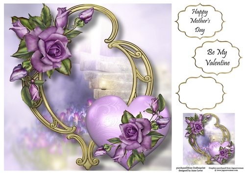 Hearts & Flowers On Golden Frame - Heritage Roses 8x8
