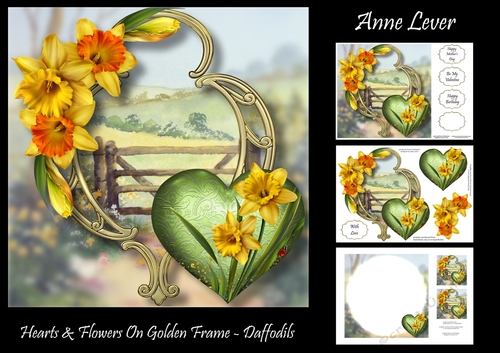 Hearts & Flowers On Golden Frame - Daffodils