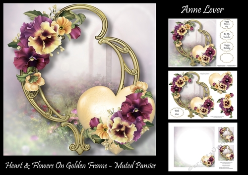 Hearts & Flowers On Golden Frame - Muted Pansies