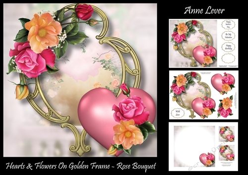Hearts & Flowers On Golden Frame - Rose Bouquet