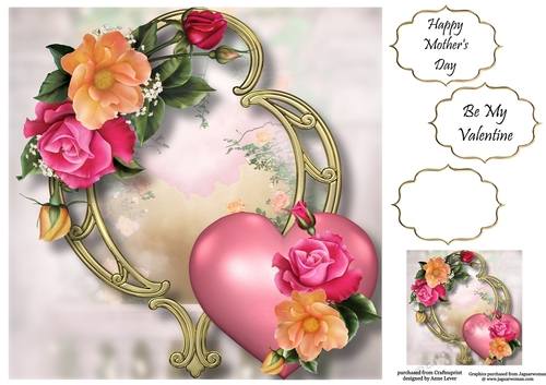 Hearts & Flowers On Golden Frame - Rose Bouquet 8x8