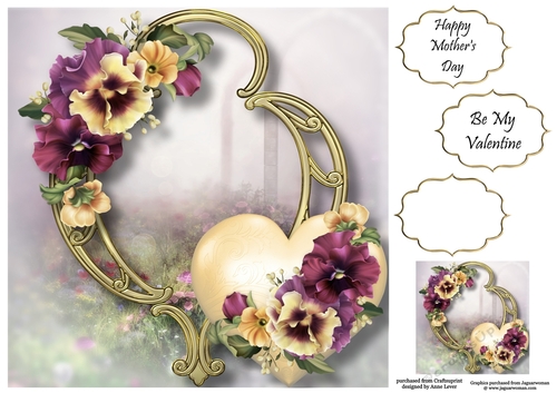 Hearts & Flowers On Golden Frame - Muted Pansies 8x8