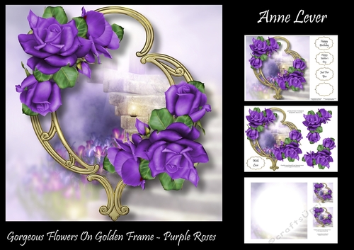 Gorgeous Flowers On Golden Frame - Purple Roses