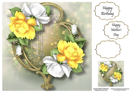 Gorgeous Flowers On Golden Frame - Yellow & White Roses 8x8