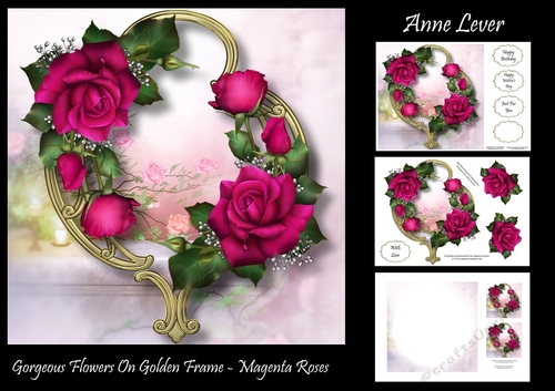 Gorgeous Flowers On Golden Frame - Magenta Roses