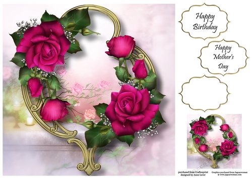 Gorgeous Flowers On Golden Frame - Magenta Roses 8x8
