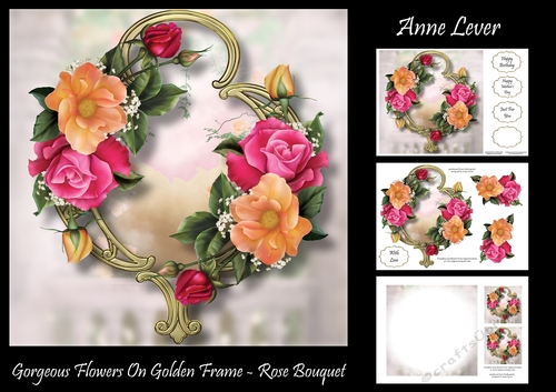 Gorgeous Flowers On Golden Frame - Rose Bouquet