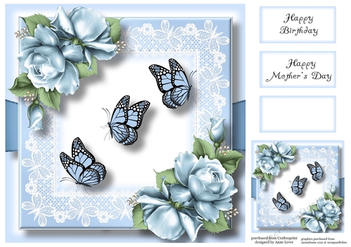 Butterflies & Roses - Antique Bluebell 8x8