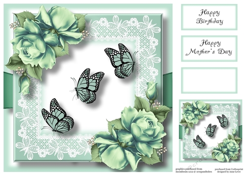 Butterflies & Roses - Antique Mint 8x8